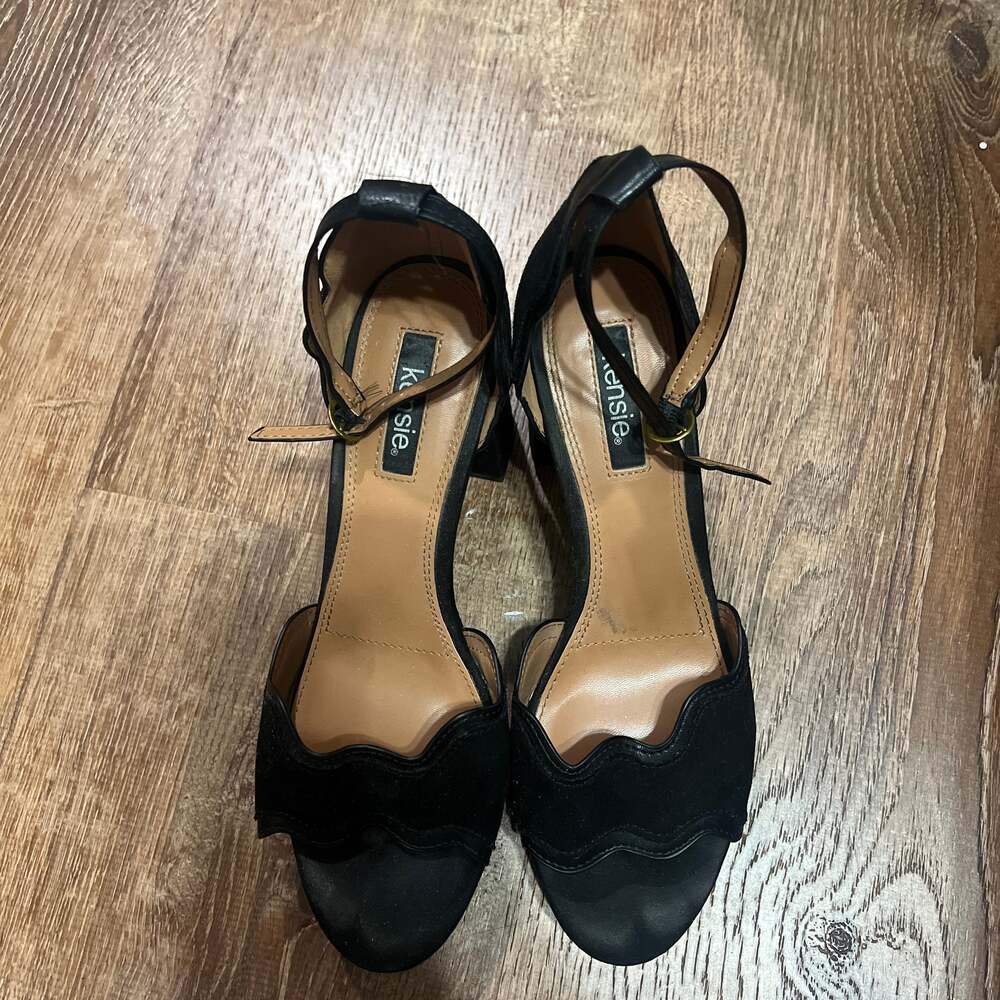 Kensie Black Suede Scalloped Peep Toe Ankle Strap Block Heels